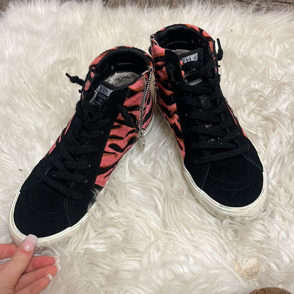 Vintage Havana Pink and Black suede studded glitter zebra high top sneakers 7.5
